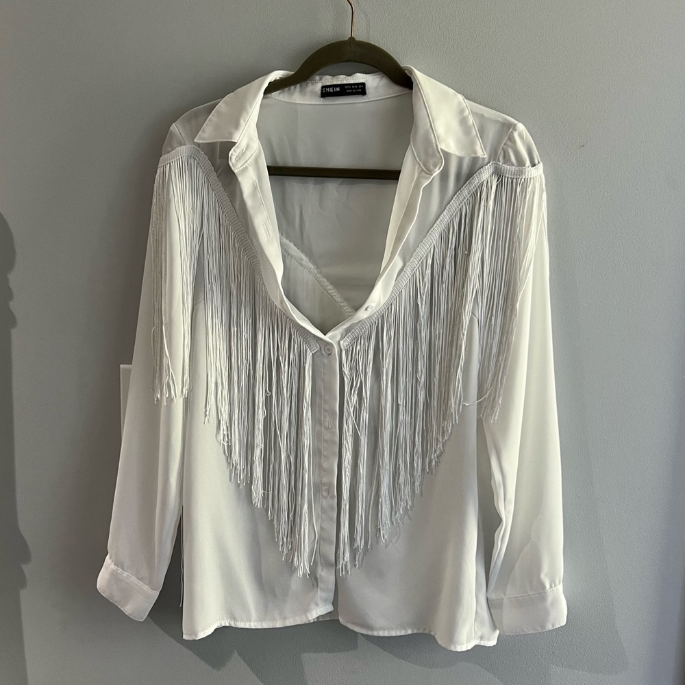 Western fringe long sleeve button down white blouse SHEIN